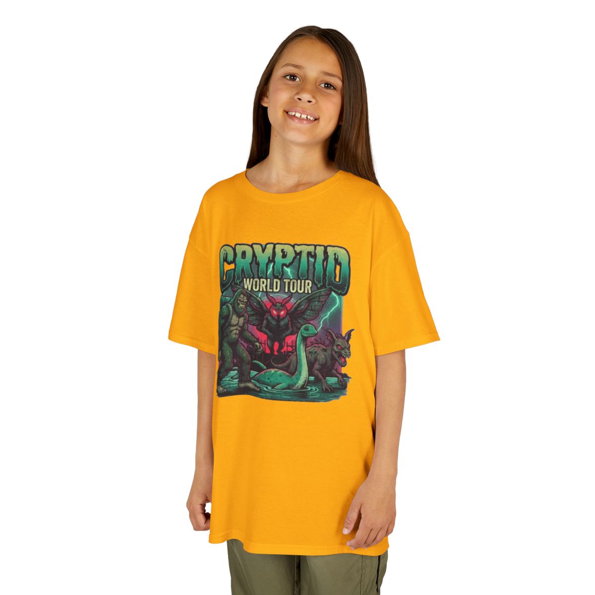 Color: Gold | Puzizia (Global-Cryptid Mashup) Cryptid World Tour Kids Tee