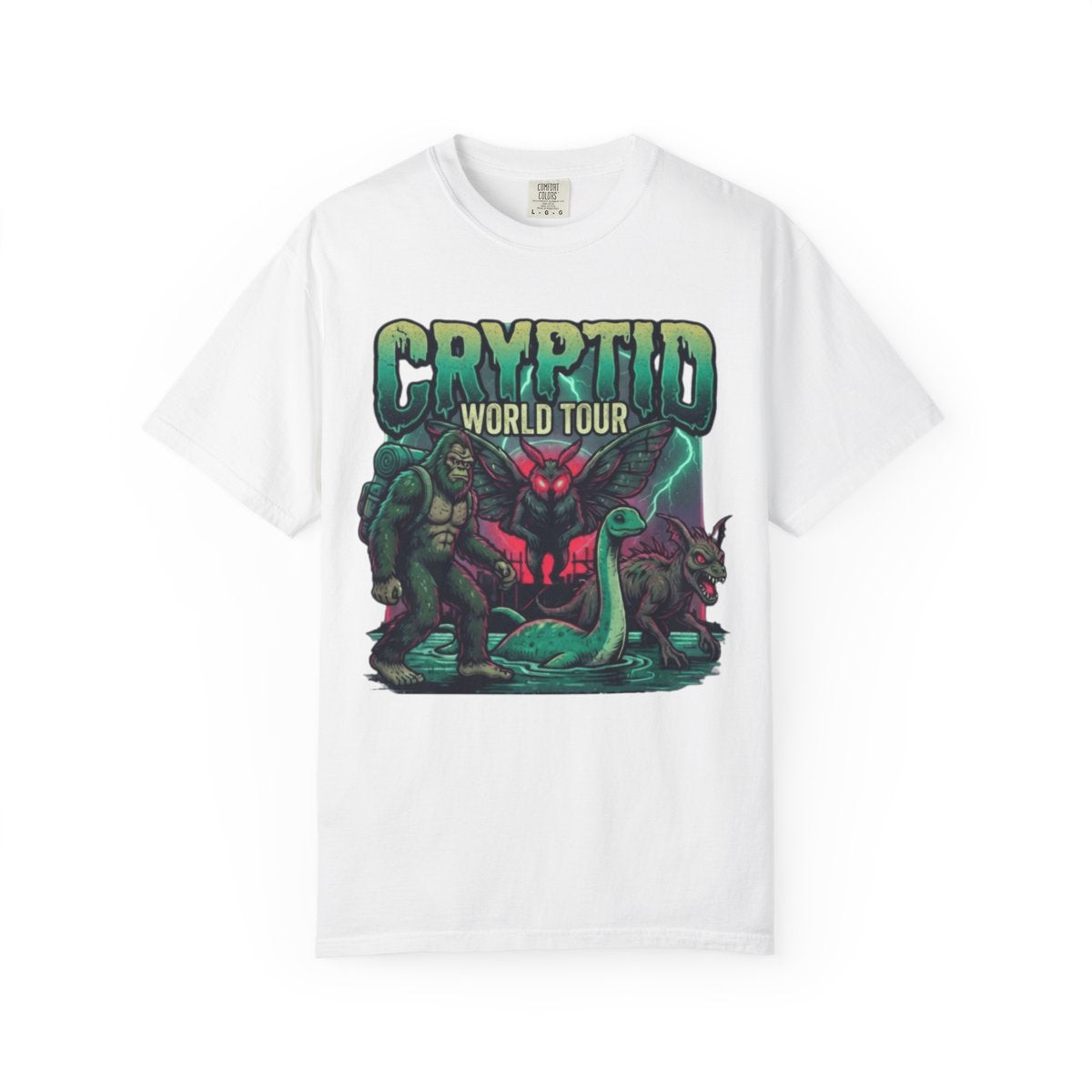 Color: White | Puzizia (Global-Cryptid Mashup) Cryptid World Tour Unisex Garment-Dyed Tee