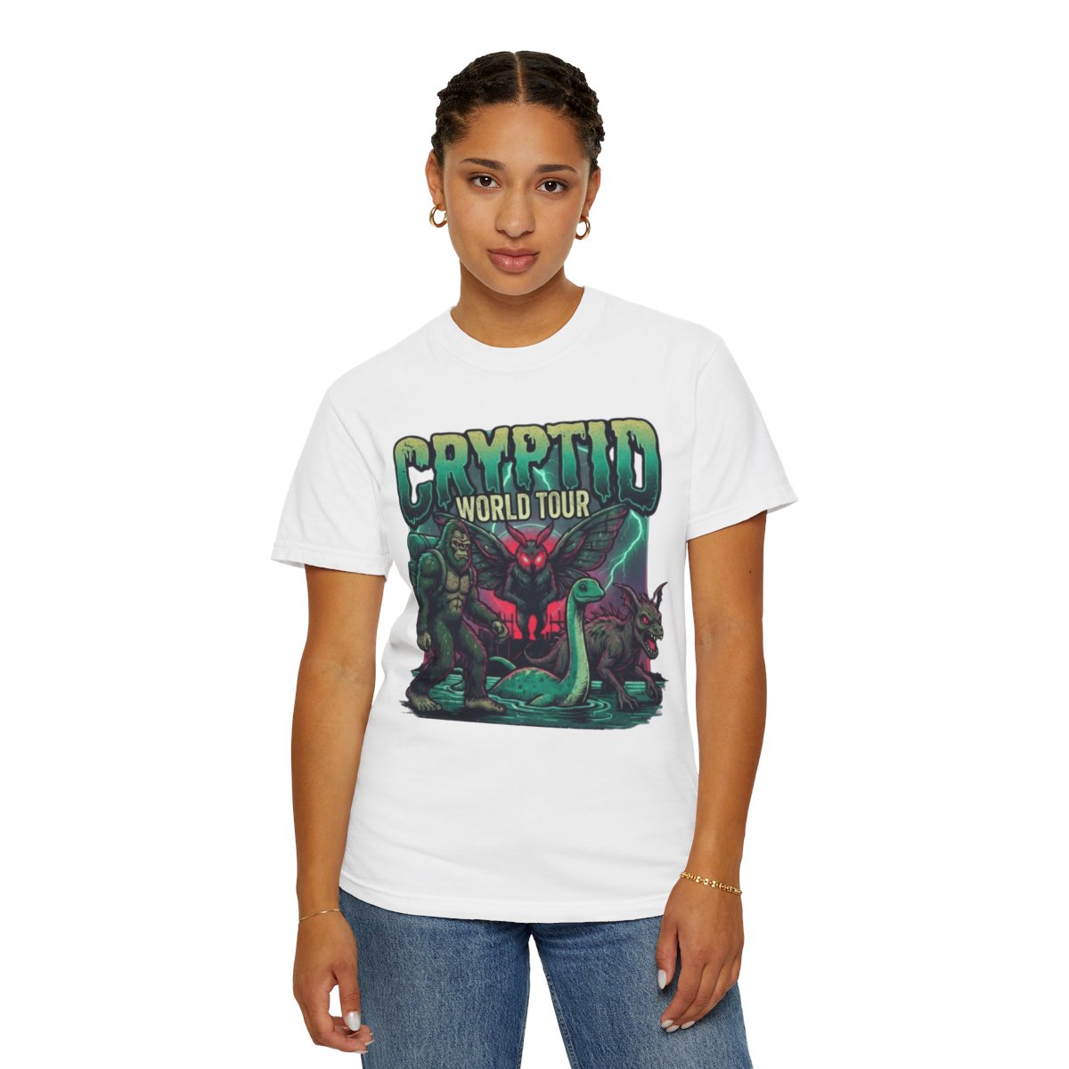 Color: White | Puzizia (Global-Cryptid Mashup) Cryptid World Tour Unisex Garment-Dyed Tee