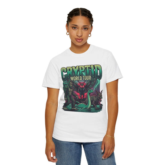 Color: White | Puzizia (Global-Cryptid Mashup) Cryptid World Tour Unisex Garment-Dyed Tee