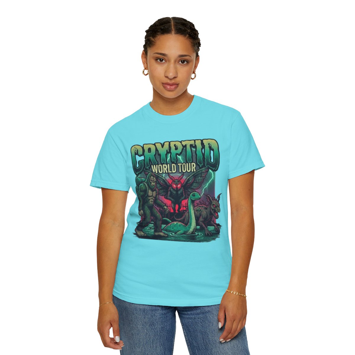 Color: Lagoon Blue | Puzizia (Global-Cryptid Mashup) Cryptid World Tour Unisex Garment-Dyed Tee