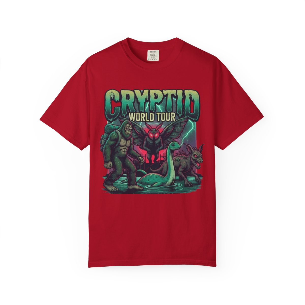 Color: Red | Puzizia (Global-Cryptid Mashup) Cryptid World Tour Unisex Garment-Dyed Tee