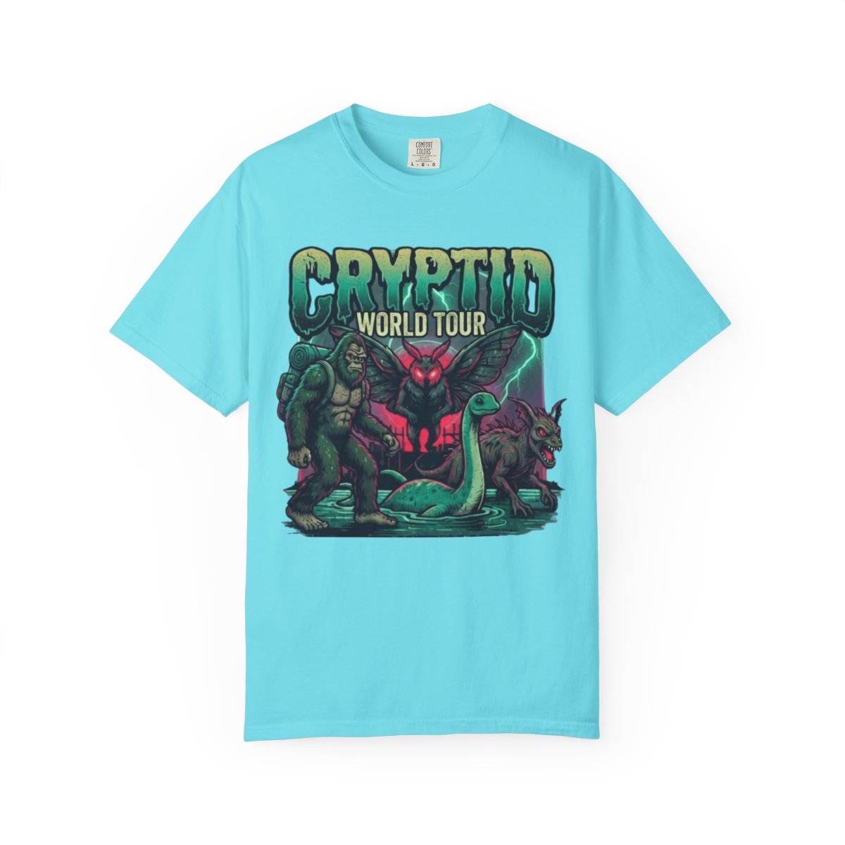 Color: Lagoon Blue | Puzizia (Global-Cryptid Mashup) Cryptid World Tour Unisex Garment-Dyed Tee