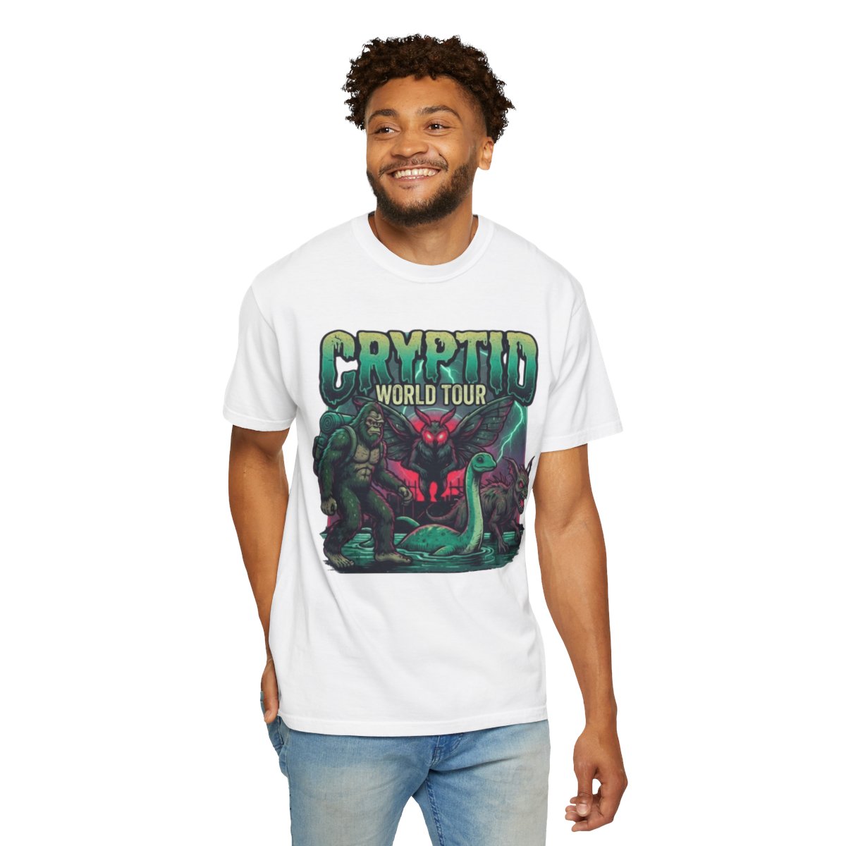 Color: White | Puzizia (Global-Cryptid Mashup) Cryptid World Tour Unisex Garment-Dyed Tee