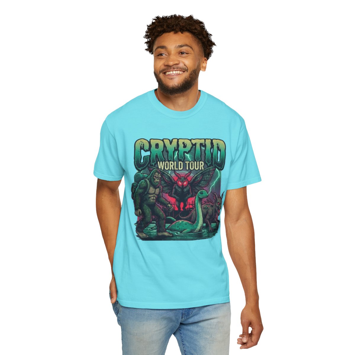 Color: Lagoon Blue | Puzizia (Global-Cryptid Mashup) Cryptid World Tour Unisex Garment-Dyed Tee