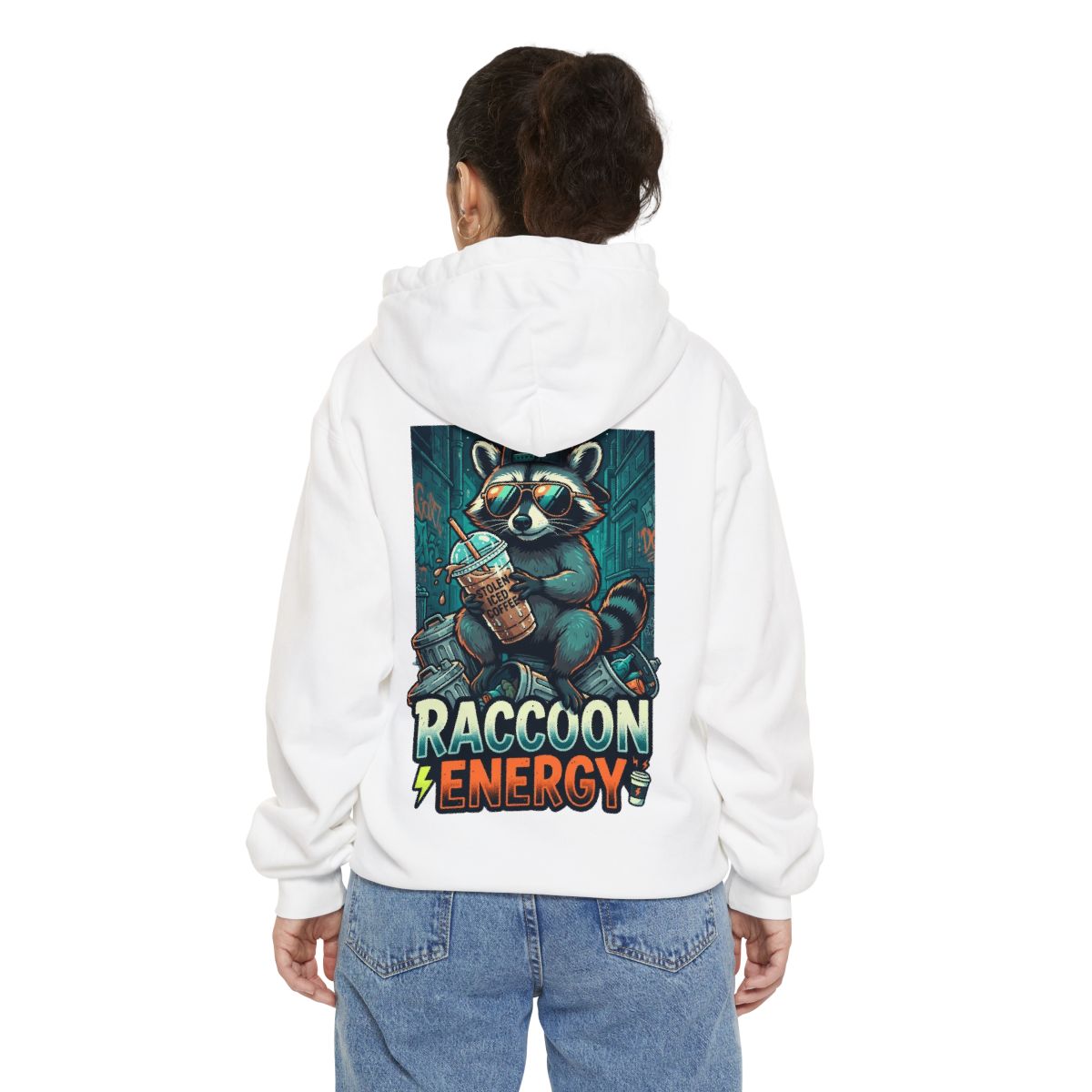Color: White | Raccoon Energy Garment-Dyed Hoodie