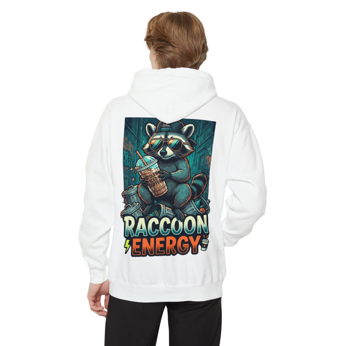 Color: White | Raccoon Energy Garment-Dyed Hoodie