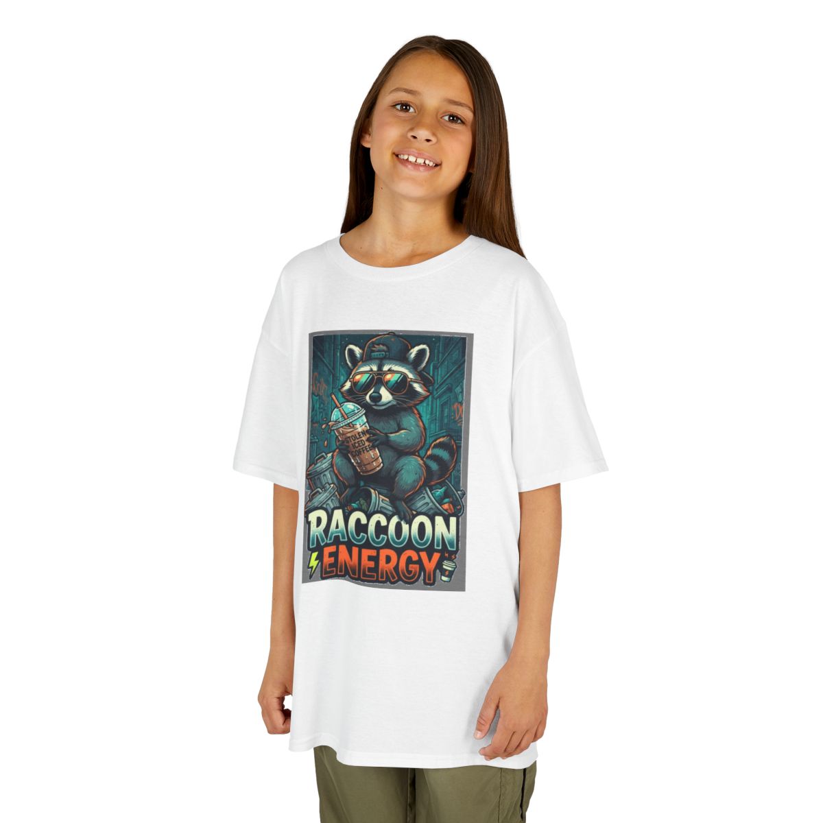 Color: White | Raccoon Energy Kids Tee