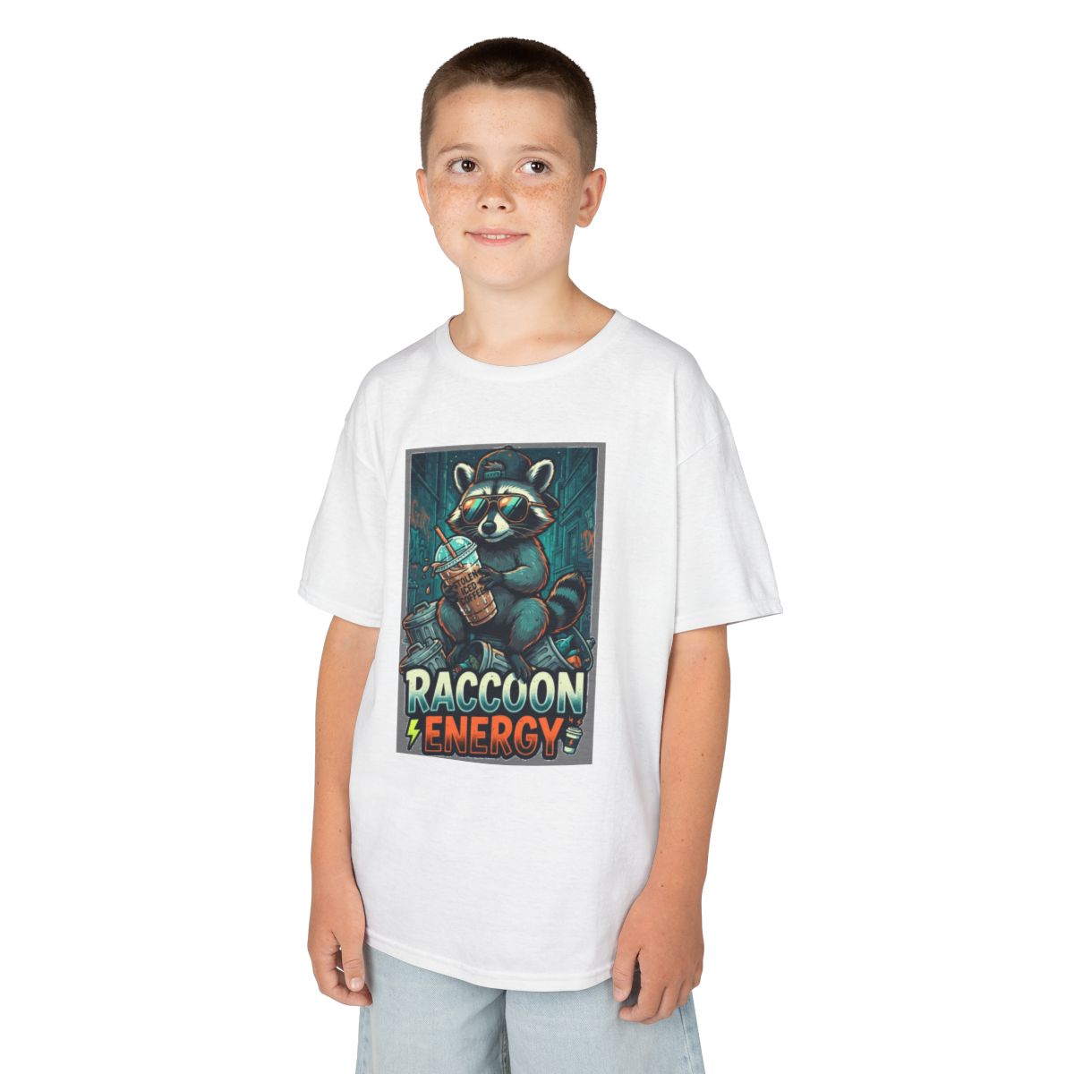 Color: White | Raccoon Energy Kids Tee