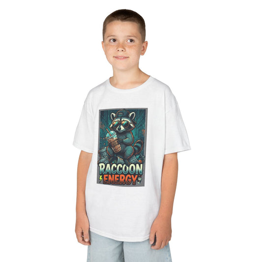 Color: White | Raccoon Energy Kids Tee