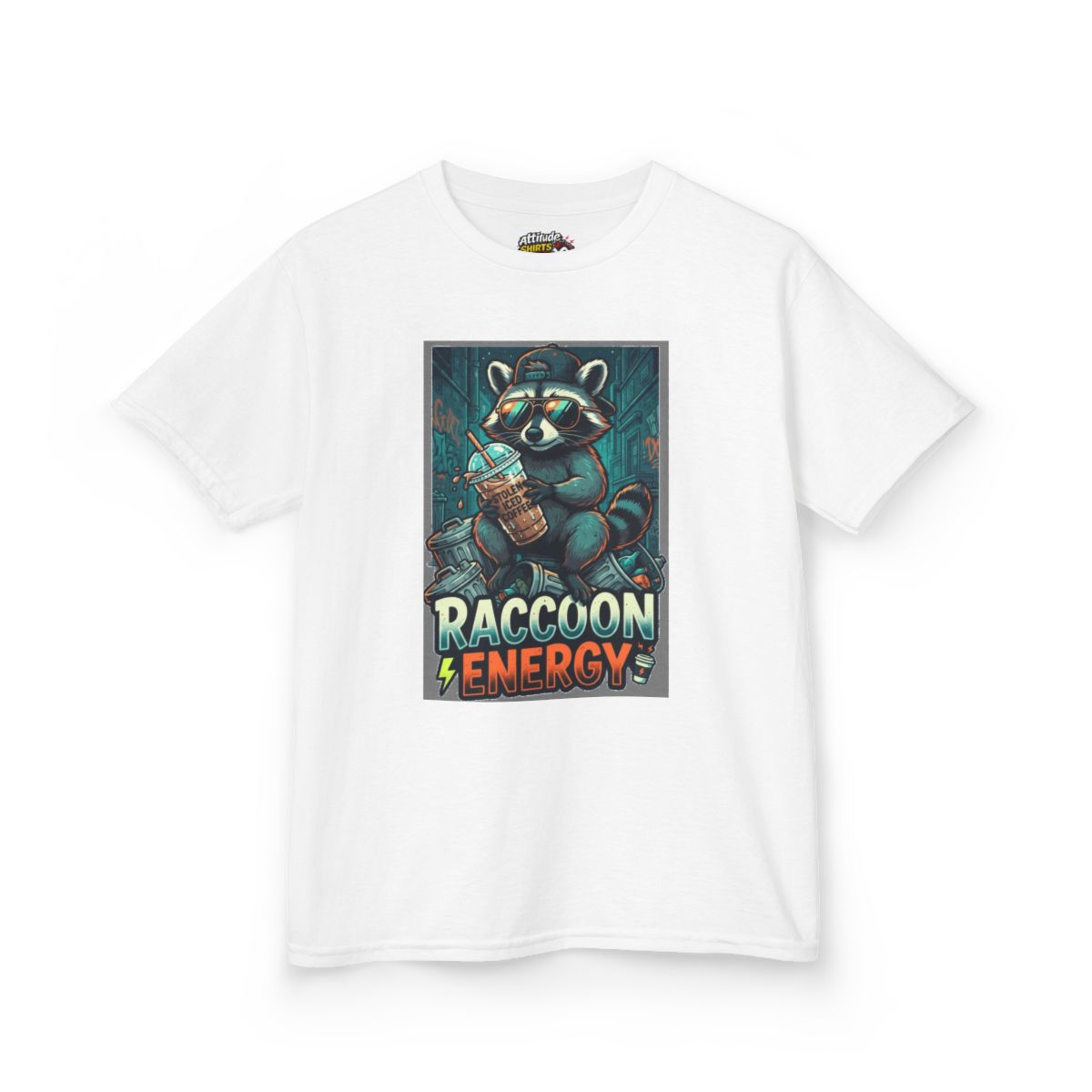Color: White | Raccoon Energy Kids Tee
