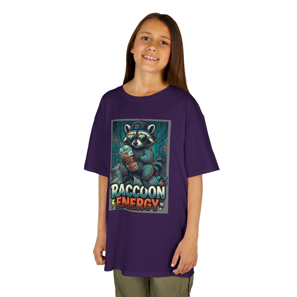 Color: Purple | Raccoon Energy Kids Tee
