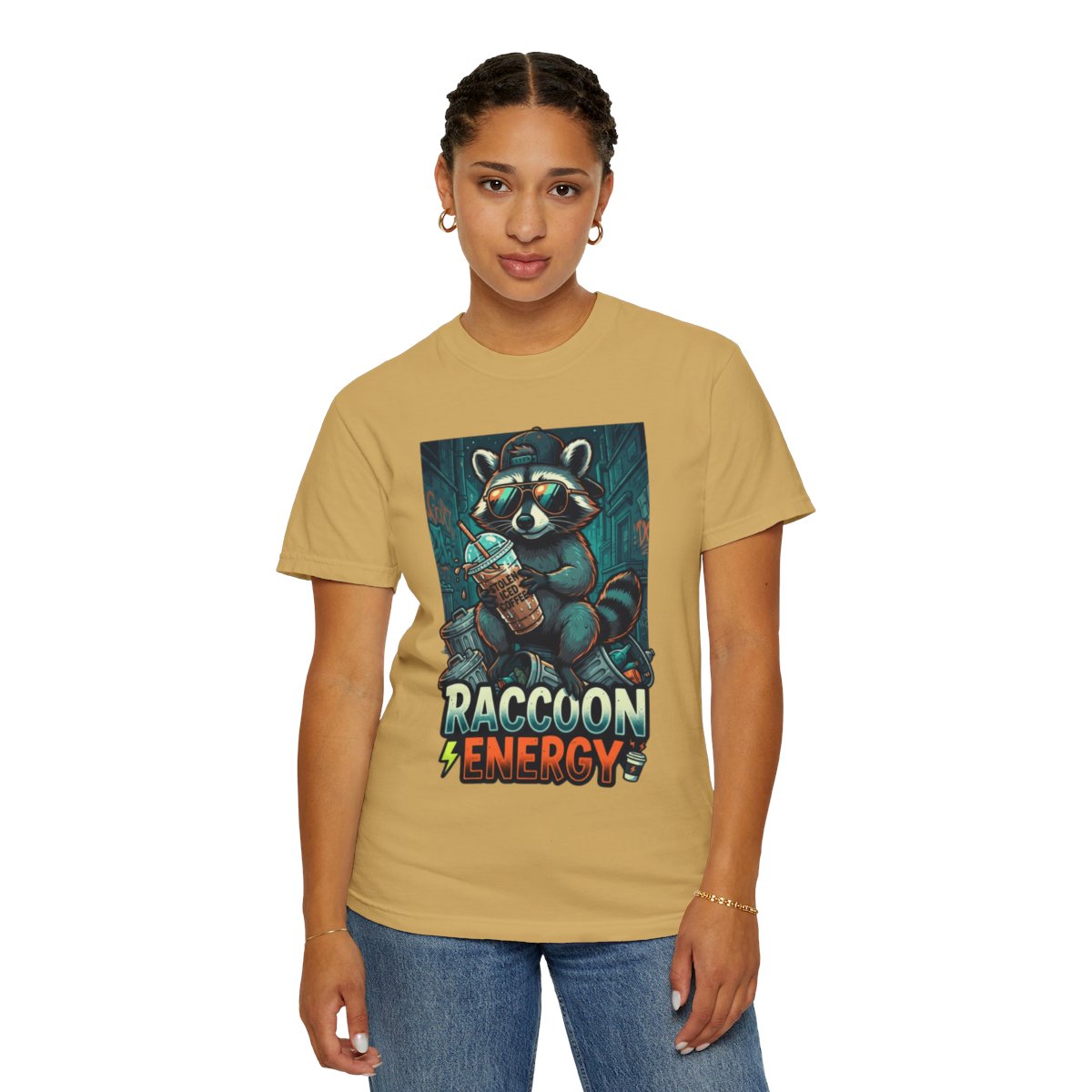 Color: Mustard | Raccoon Energy Unisex Garment-Dyed Tee