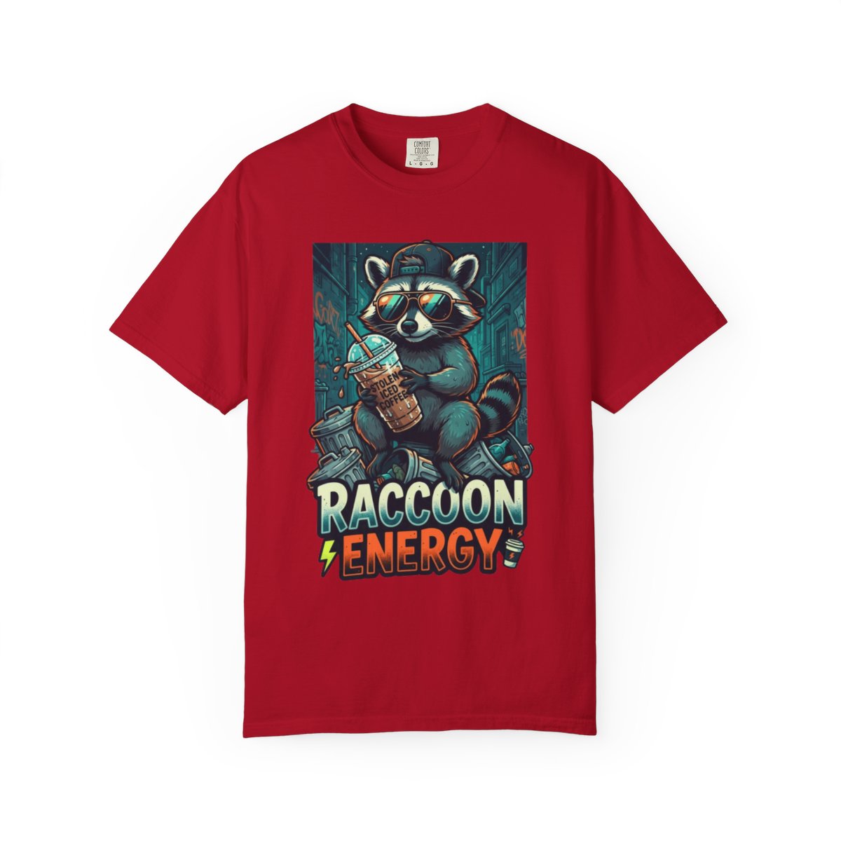 Color: Red | Raccoon Energy Unisex Garment-Dyed Tee