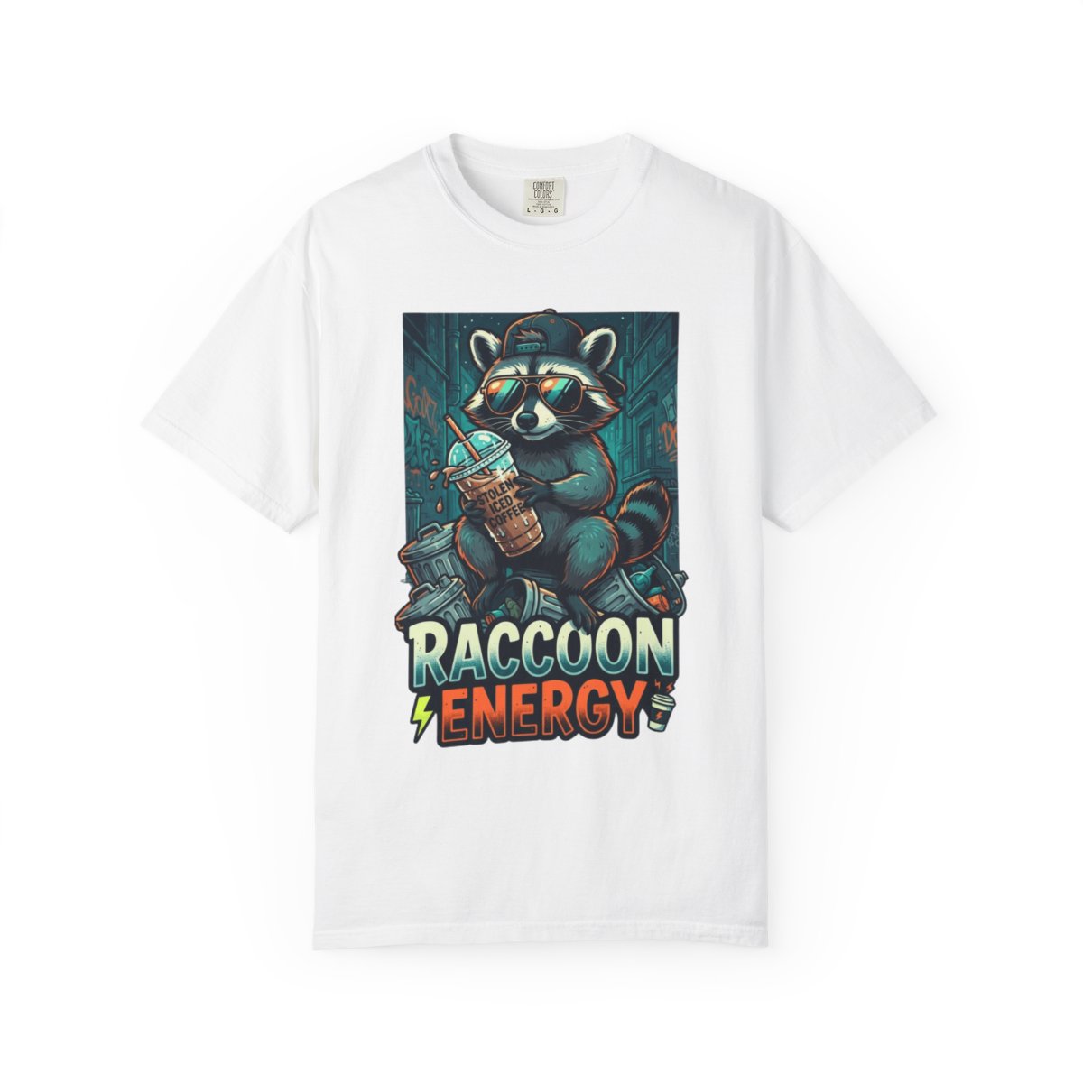 Color: White | Raccoon Energy Unisex Garment-Dyed Tee