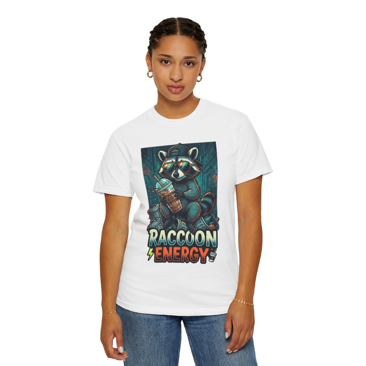Color: White | Raccoon Energy Unisex Garment-Dyed Tee