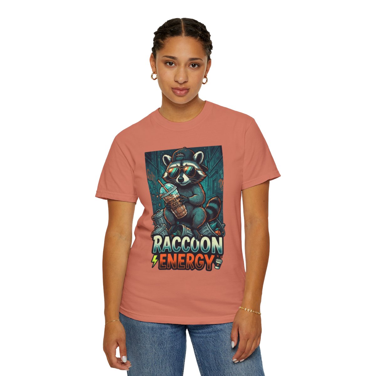 Color: Terracotta | Raccoon Energy Unisex Garment-Dyed Tee