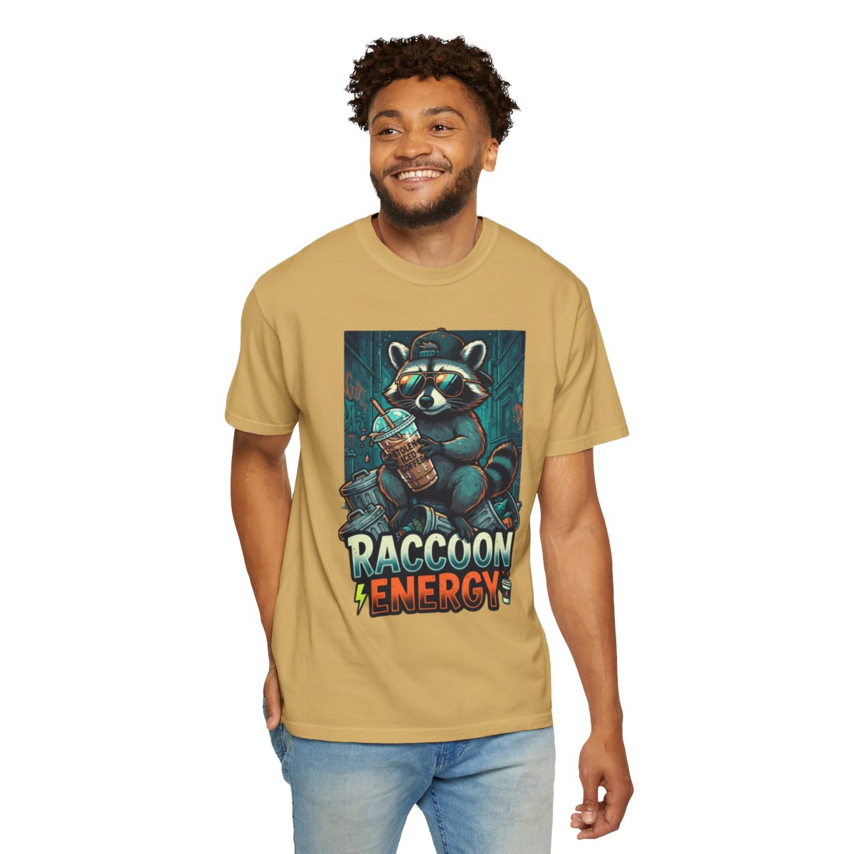 Color: Mustard | Raccoon Energy Unisex Garment-Dyed Tee