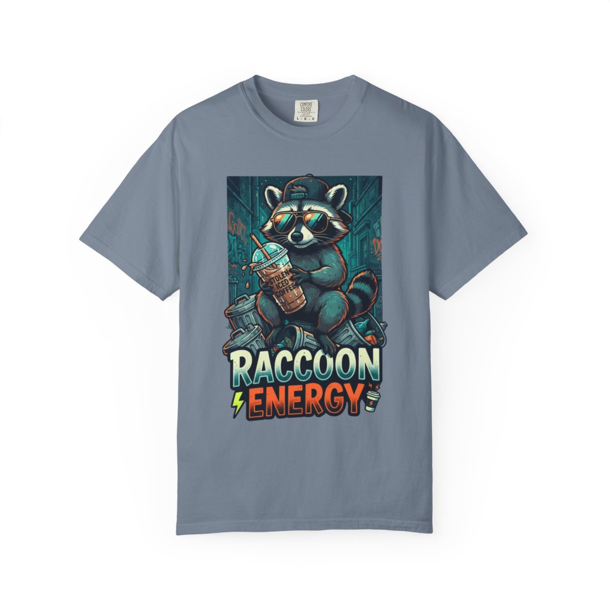 Color: Blue Jean | Raccoon Energy Unisex Garment-Dyed Tee