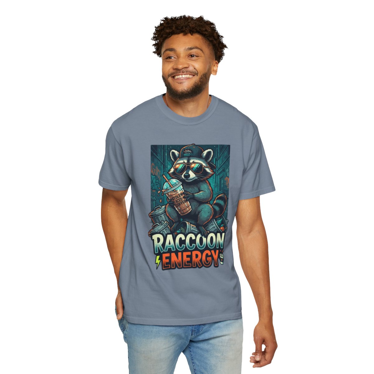 Color: Blue Jean | Raccoon Energy Unisex Garment-Dyed Tee