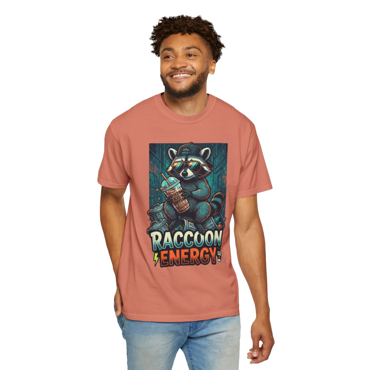 Color: Terracotta | Raccoon Energy Unisex Garment-Dyed Tee
