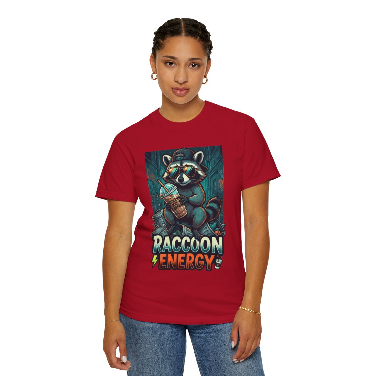 Color: Red | Raccoon Energy Unisex Garment-Dyed Tee