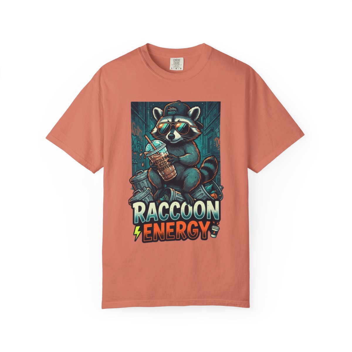 Color: Terracotta | Raccoon Energy Unisex Garment-Dyed Tee