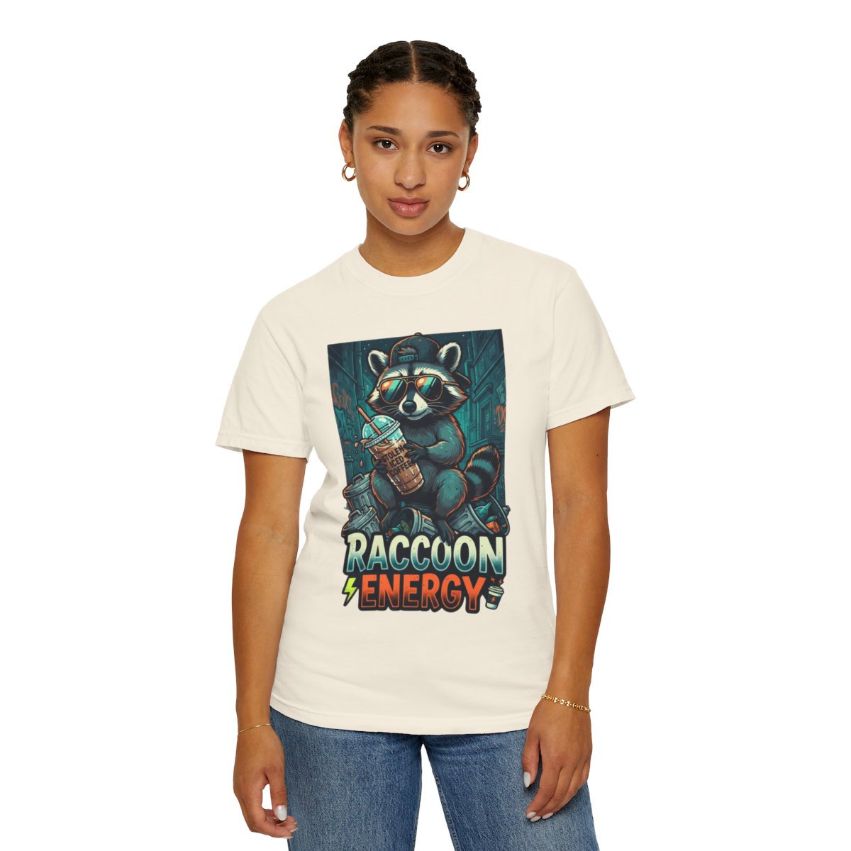 Color: Ivory | Raccoon Energy Unisex Garment-Dyed Tee