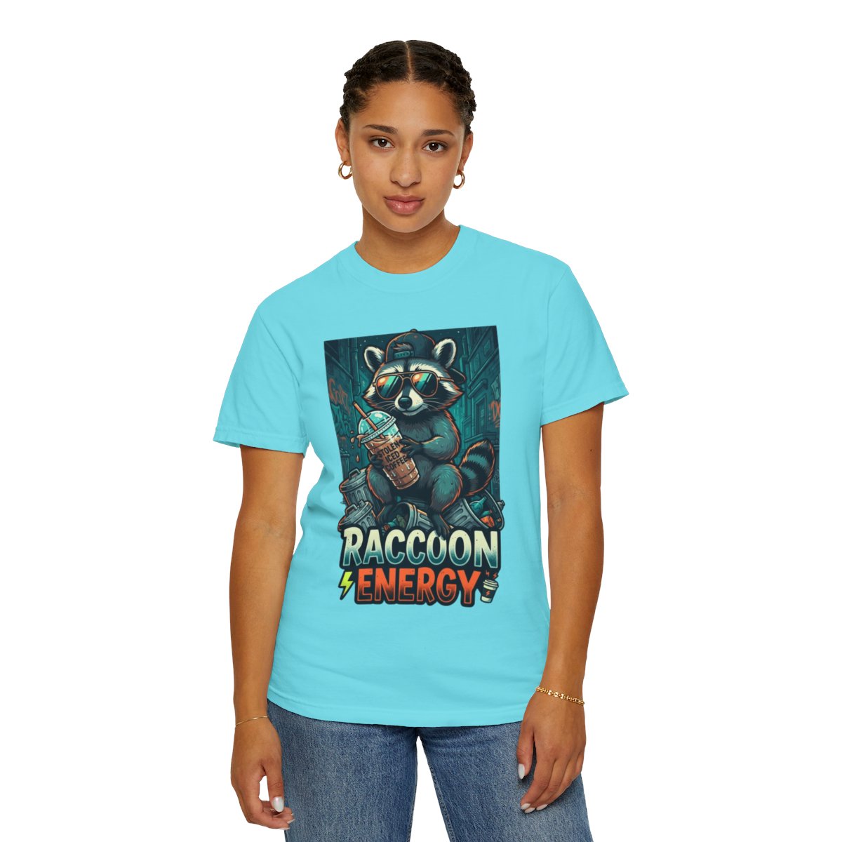 Color: Lagoon Blue | Raccoon Energy Unisex Garment-Dyed Tee