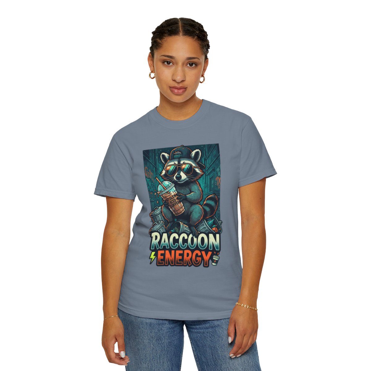 Color: Blue Jean | Raccoon Energy Unisex Garment-Dyed Tee