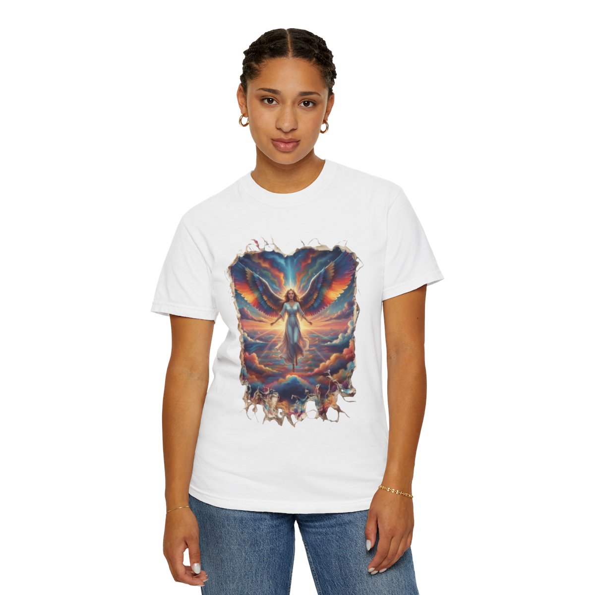 Color: White | Rainbow Angel Unisex Garment-Dyed Tee