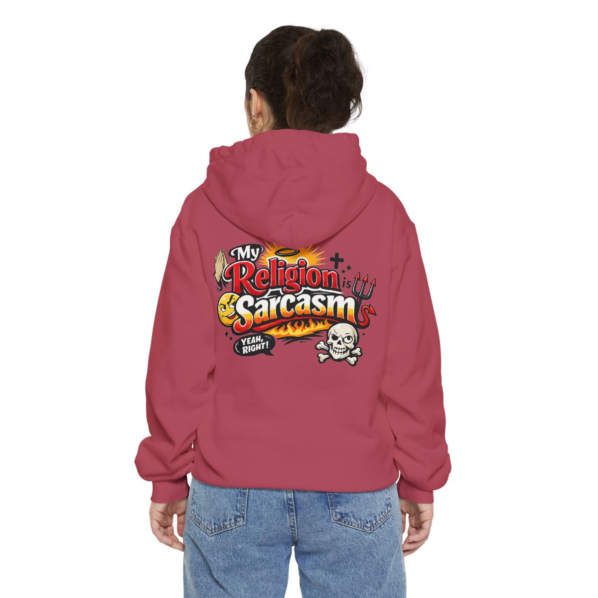 Color: Crimson | Religion Sarcasm Garment-Dyed Hoodie