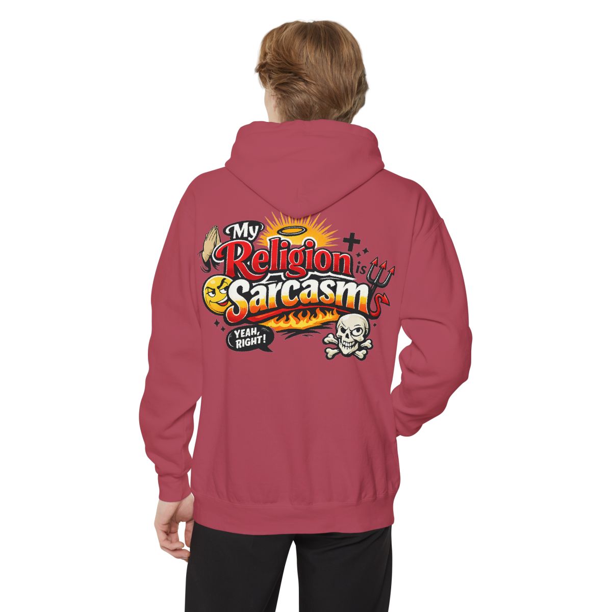 Color: Crimson | Religion Sarcasm Garment-Dyed Hoodie