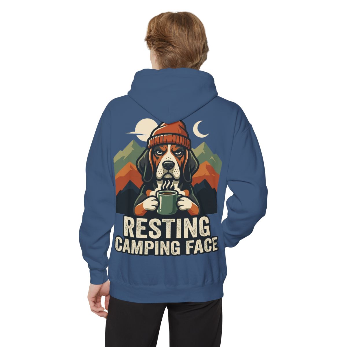 Color: True Navy | Resting Camping Face Garment-Dyed Hoodie