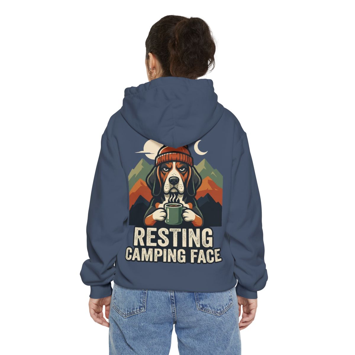 Color: Denim | Resting Camping Face Garment-Dyed Hoodie