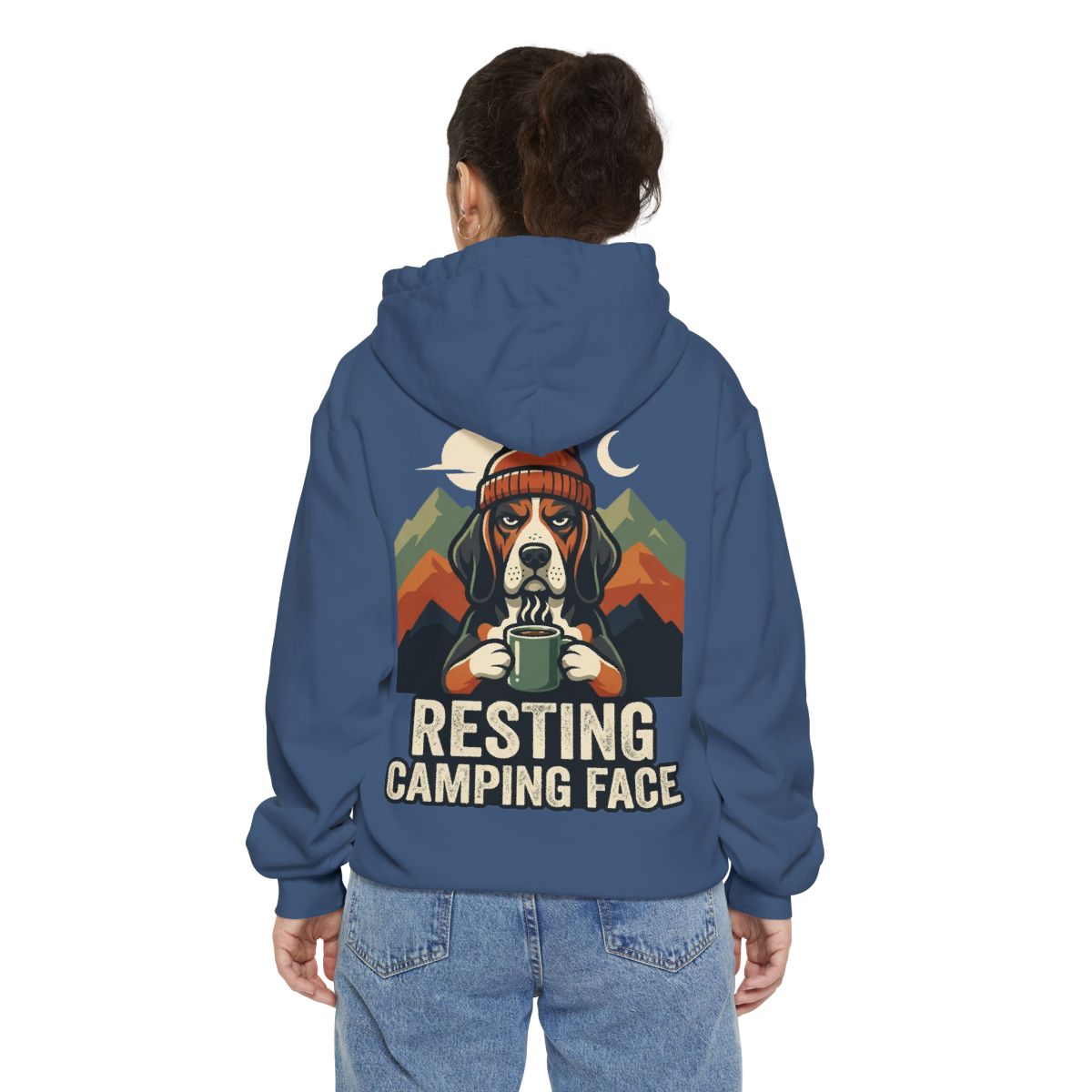 Color: True Navy | Resting Camping Face Garment-Dyed Hoodie