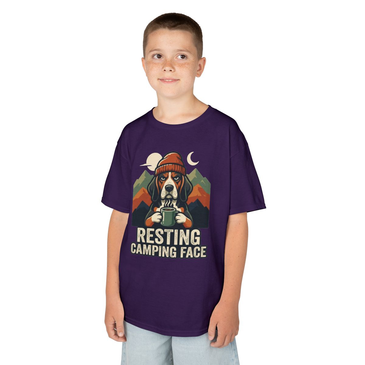 Color: Purple | Resting Camping Face Kids Tee