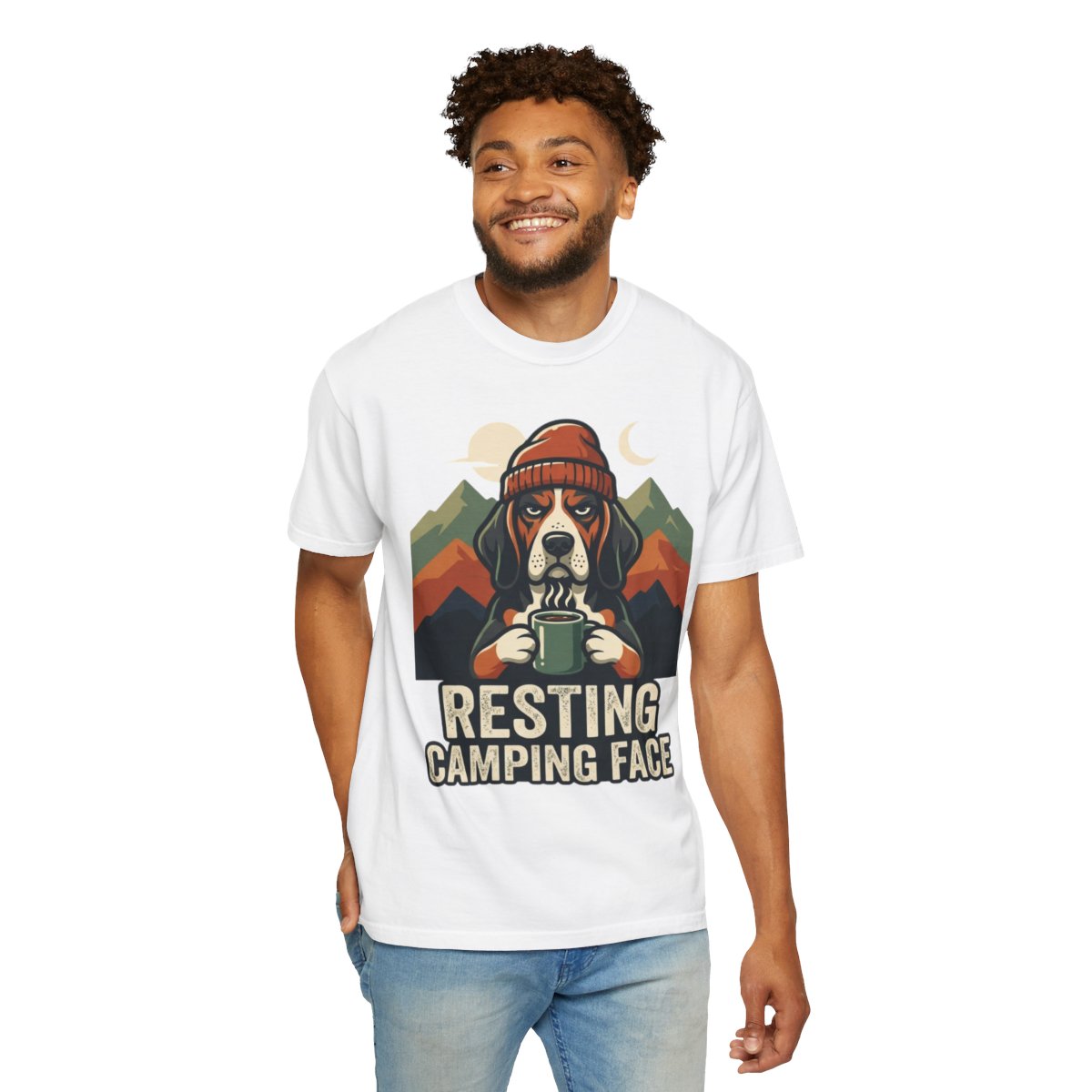 Color: White | Resting Camping Face Unisex Garment-Dyed Tee