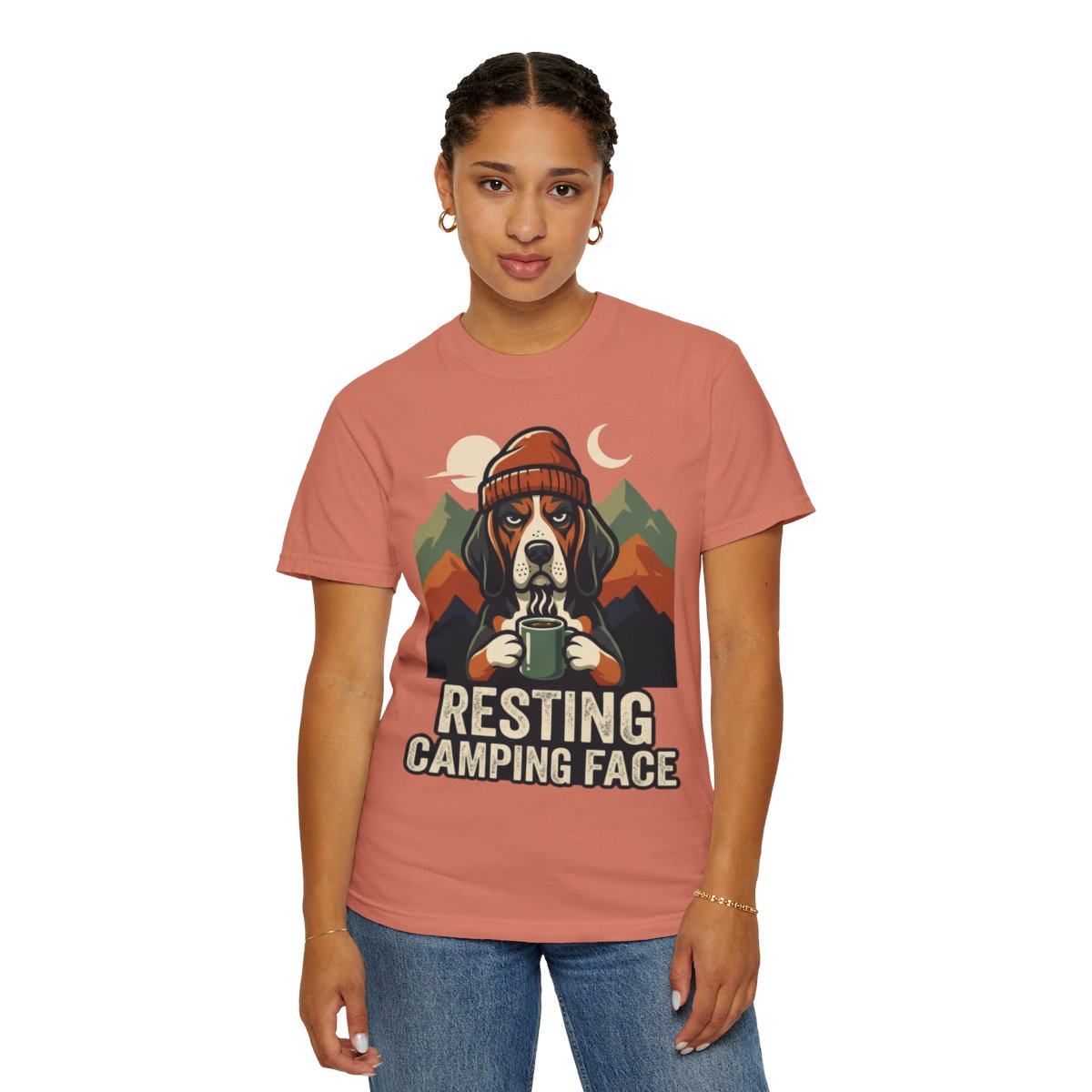 Color: Terracotta | Resting Camping Face Unisex Garment-Dyed Tee
