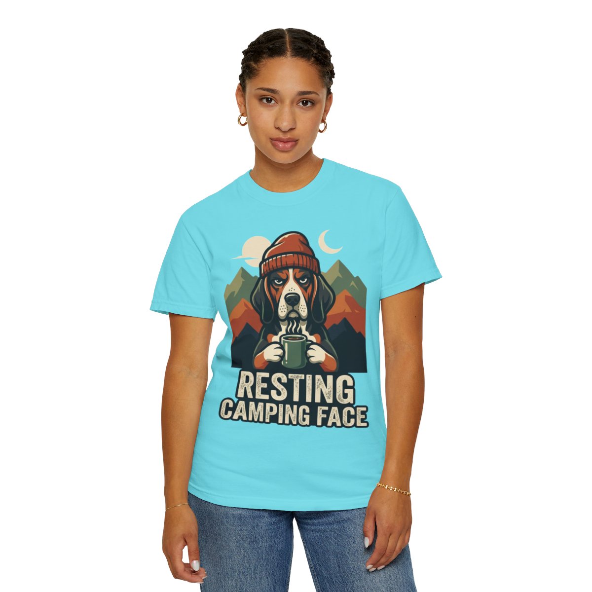 Color: Lagoon Blue | Resting Camping Face Unisex Garment-Dyed Tee