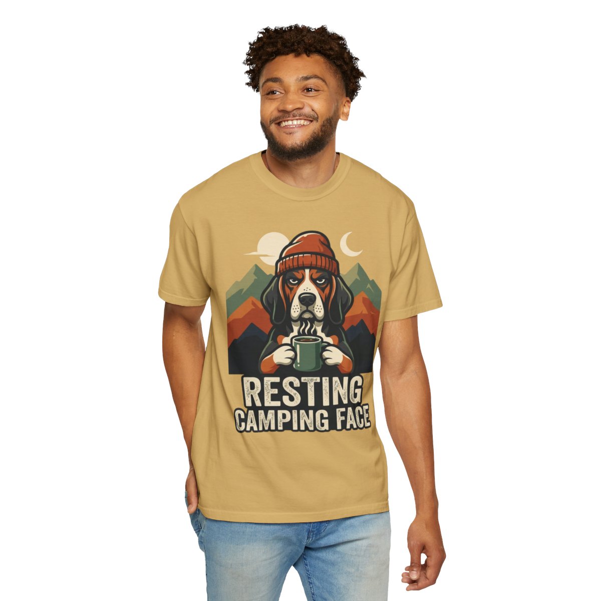 Color: Mustard | Resting Camping Face Unisex Garment-Dyed Tee