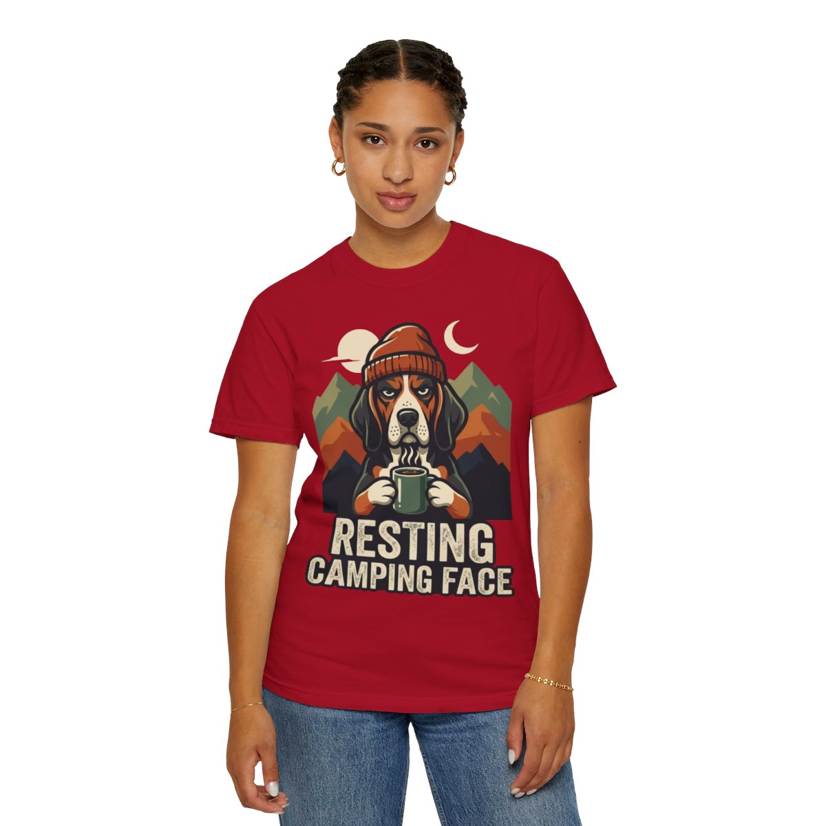 Color: Red | Resting Camping Face Unisex Garment-Dyed Tee