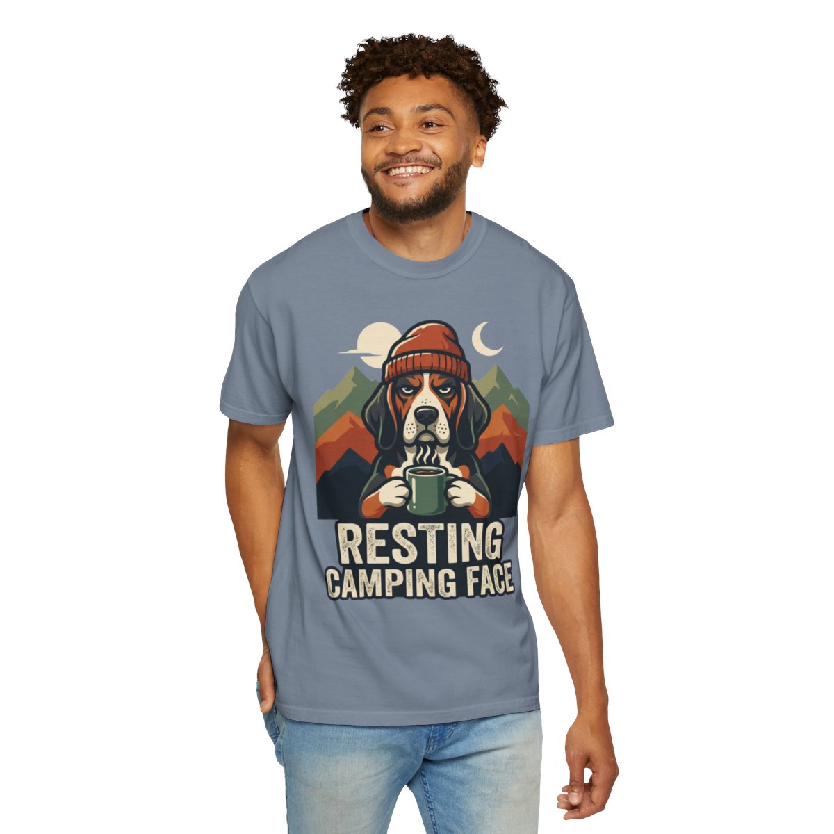 Color: Blue Jean | Resting Camping Face Unisex Garment-Dyed Tee