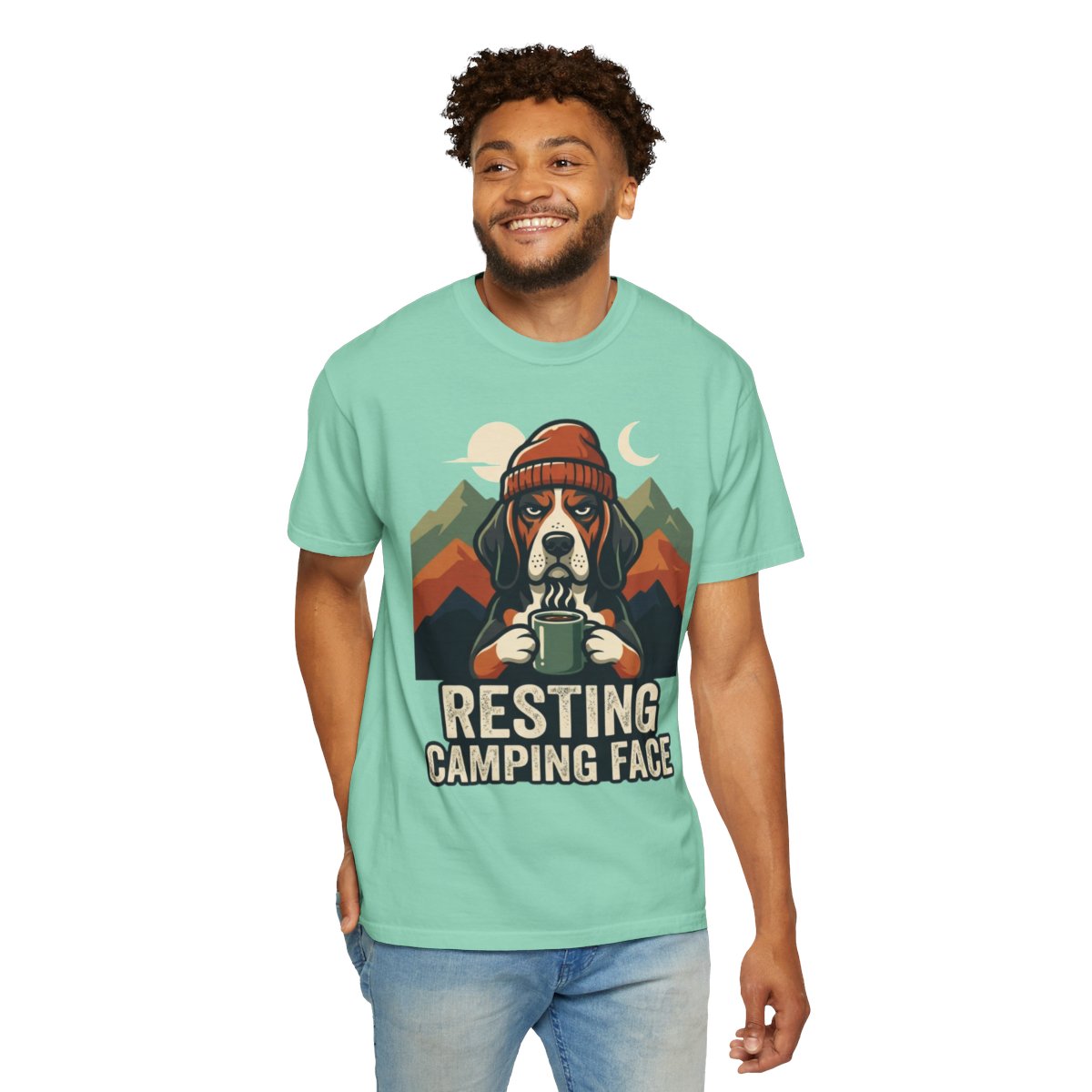 Color: Island Reef | Resting Camping Face Unisex Garment-Dyed Tee