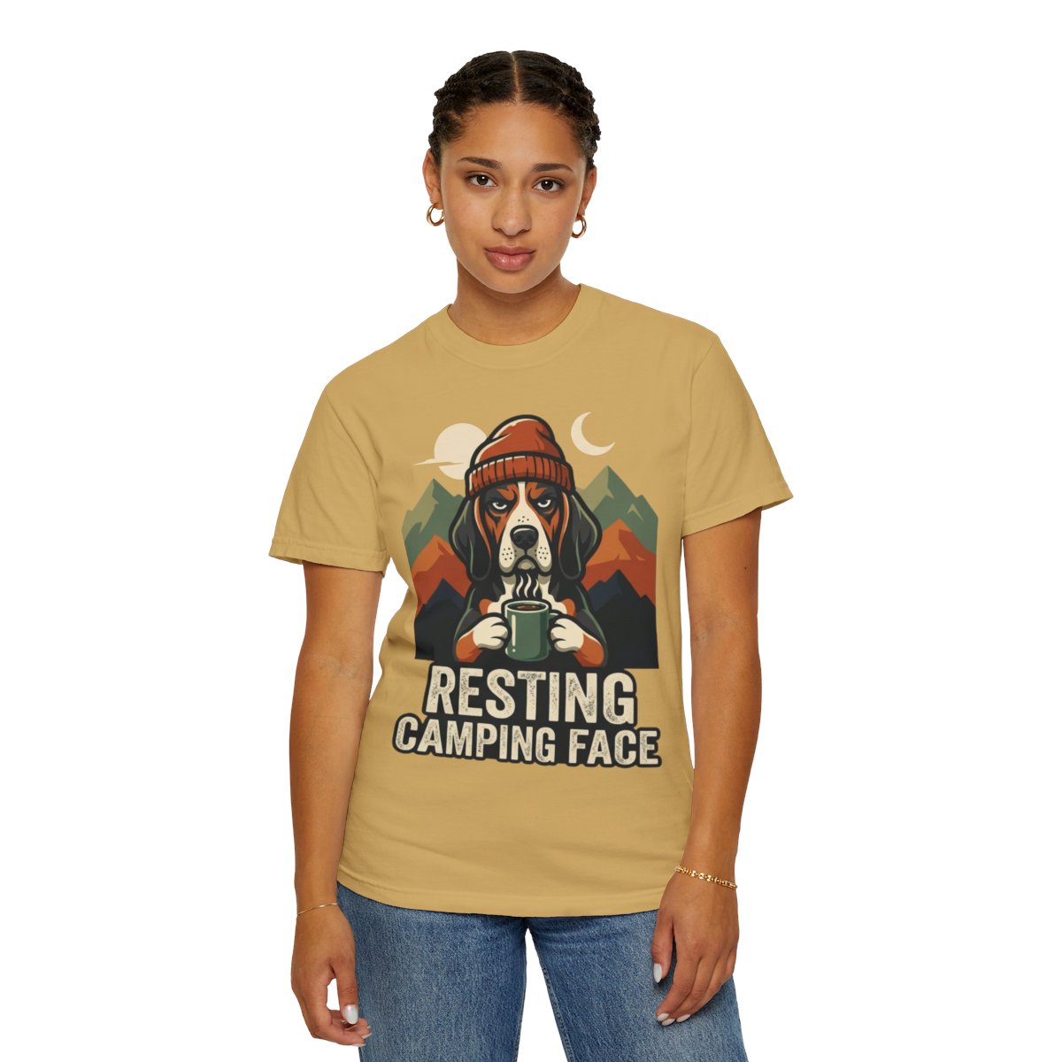 Color: Mustard | Resting Camping Face Unisex Garment-Dyed Tee