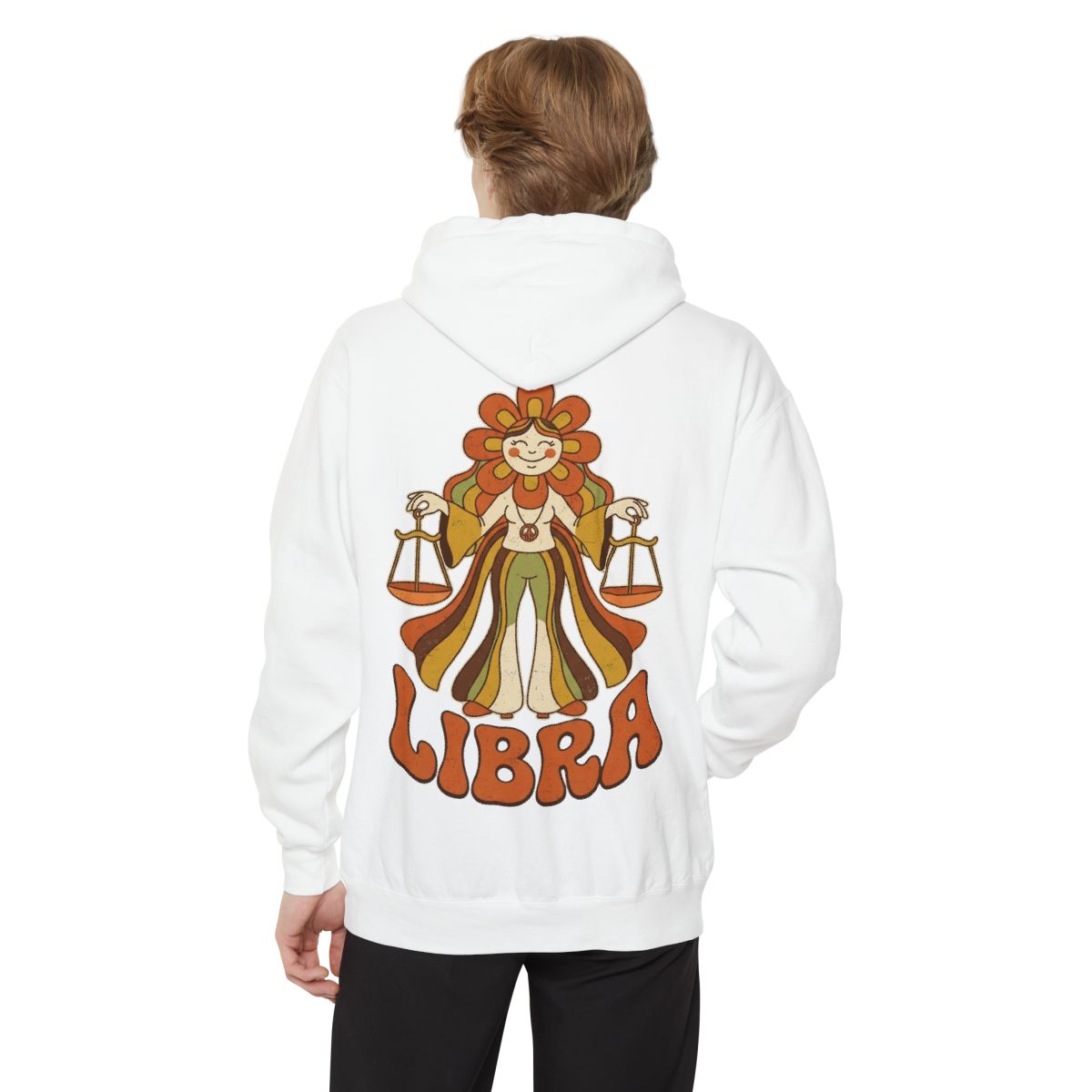 Color: White | Retro Mascot Groovy Libra Garment-Dyed Hoodie