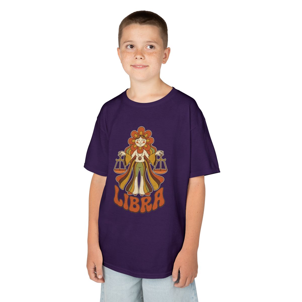 Color: Purple | Retro Mascot Groovy Libra Kids Tee
