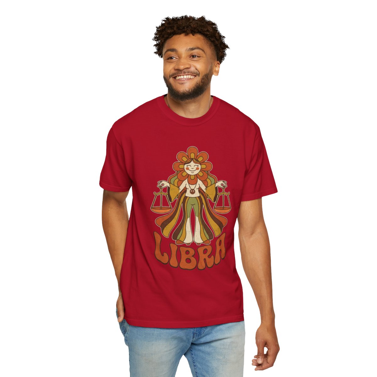 Color: Red | Retro Mascot Groovy Libra Unisex Garment-Dyed Tee