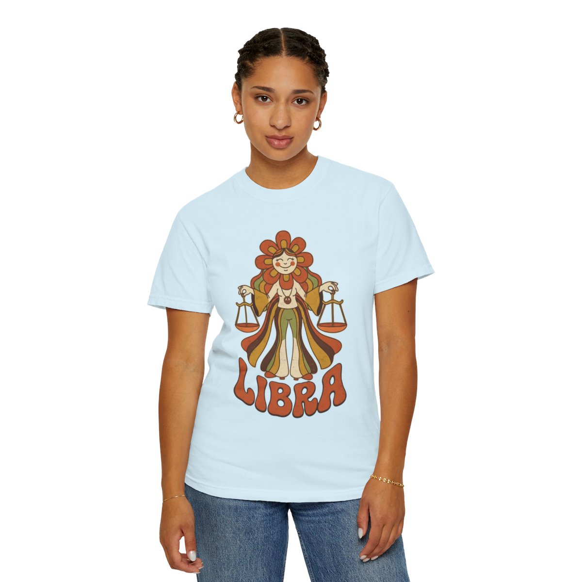 Color: Chambray | Retro Mascot Groovy Libra Unisex Garment-Dyed Tee