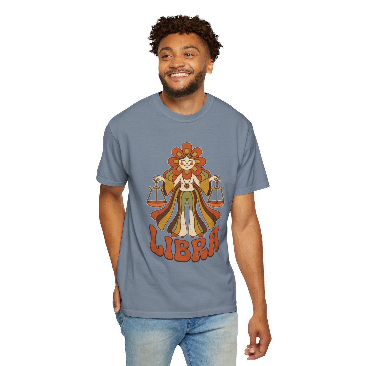Color: Blue Jean | Retro Mascot Groovy Libra Unisex Garment-Dyed Tee